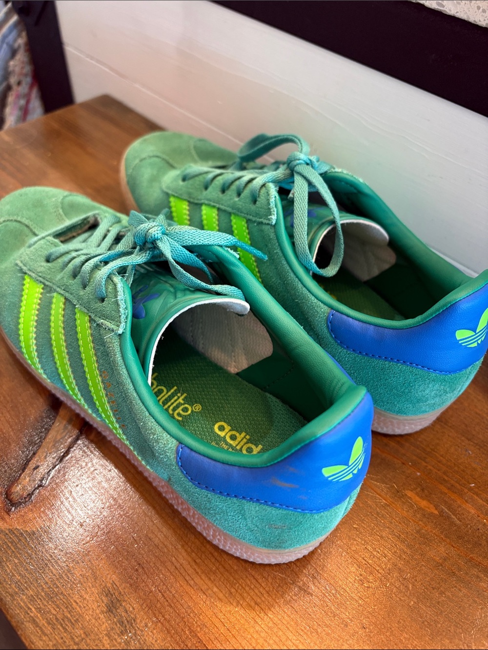 adidas gazelle Women’s Teal Suede Sneakers with Neon Green Stripes - Picture 5 of 6